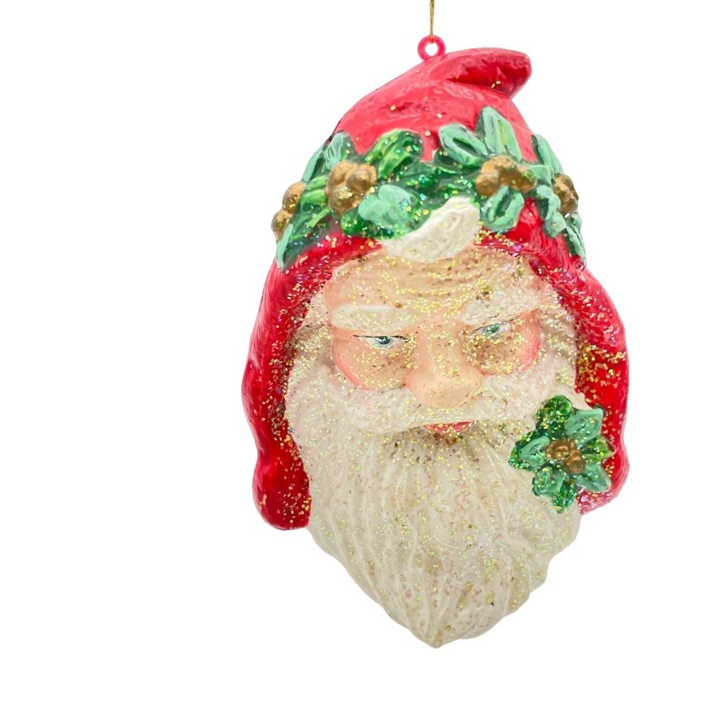 Santa Claus Head Face Ornament Bauble Christmas Plastic Poinsettia Hollow Glitte